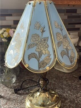 Vintage Brass Table Lamp with Blue Floral Glass Shade